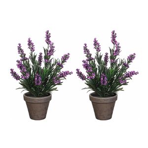 2x stuks lavendel kunstplanten/kamerplanten paars in grijze sierpot H33 cm x D20 cm