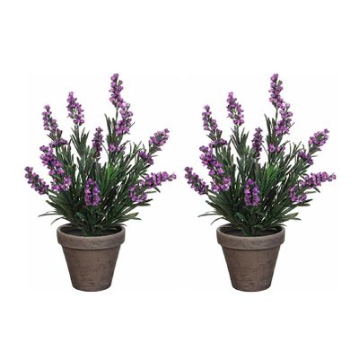 2x stuks lavendel kunstplanten/kamerplanten paars in grijze sierpot H33 cm x D20 cm