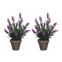 2x stuks lavendel kunstplanten/kamerplanten paars in grijze sierpot H33 cm x D20 cm