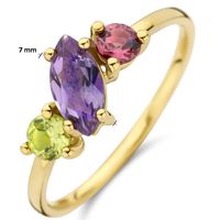 Ring geelgoud-amethist-rhodoliet-peridot paars-rood-groen 7 mm