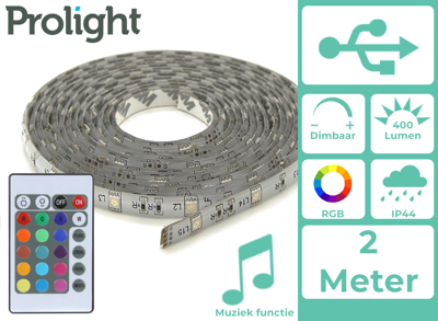 Prolight LED-Strip - Multicolour - 2 Meter - Met Afstandsbediening - IP44