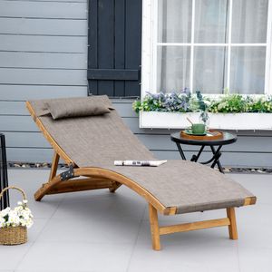 Outsunny ligstoel, verstelbare ligstoel voor in de tuin, terrasstoel met houten kussen