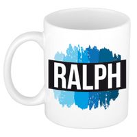 Naam cadeau mok / beker Ralph met blauwe verfstrepen 300 ml - thumbnail