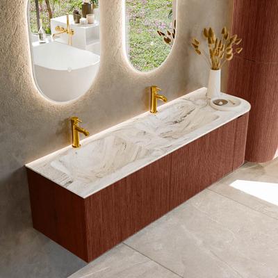 Badmeubel Mondiaz Kurve-Dlux | 155 cm cm | Meubelkleur Ruby | Wastafelkleur Glace | Solid surface | Dubbel / Links spoelbak | 2 kraangaten