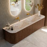 Badmeubel Mondiaz Kurve-Dlux | 180 cm | Meubelkleur Walnut | Wastafelkleur Nata | Solid surface | Wasbak beide zijden spoelbak | Zonder kraangat(en)