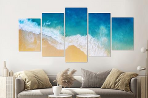 Karo-art Schilderij -Golven strand, van boven,  5 luik, 200x100cm, Premium print