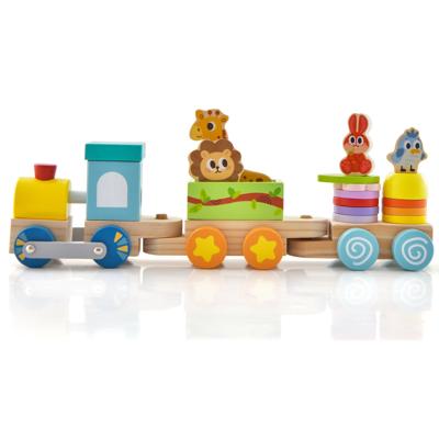 Stapelbare Houten Treinset Educatief Treinspeelgoed van Veilig Massief Hout met Kleurrijke Dierenfiguren Trekbare Locomotief