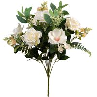 Kunstbloemen boeket rozen/magnolia met bladgroen - wit - H50 cm - Bloemstuk - thumbnail