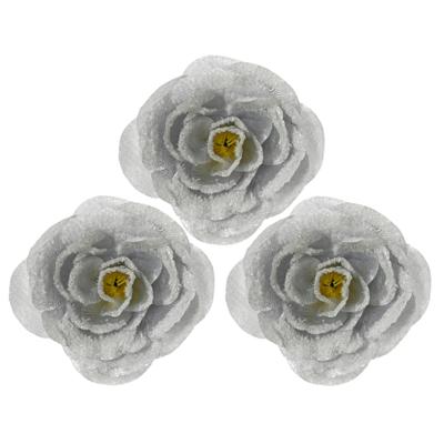 Kerstboomversiering Bloemen - 3x - 12 cm - zilver glitter - op clip - ornament Kerstboomversiering Bloemen - 3x - 12 cm - zilver glitter - op clip - ornament