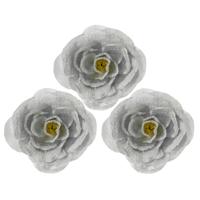 Kerstboomversiering Bloemen - 3x - 12 cm - zilver glitter - op clip - ornament