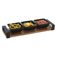 Excellent Houseware serveerplank - acacia hout - 3 schaaltjes - 32 x 10 cm - aardewerk
