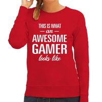 Awesome / geweldige gamer cadeau sweater / trui rood dames - thumbnail