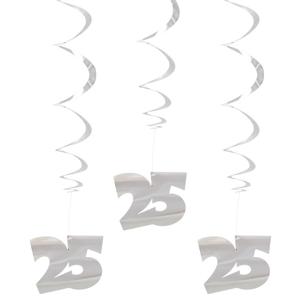Hangdecoratie 25 jaar - 3x st - zilver - rotorspiralen - 25e Jubileum versiering