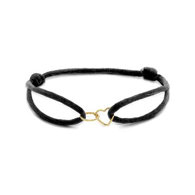 Zwarte Satijnen Armband met 14k Gouden Hart & Rondje - Verstelbaar 13-26 cm