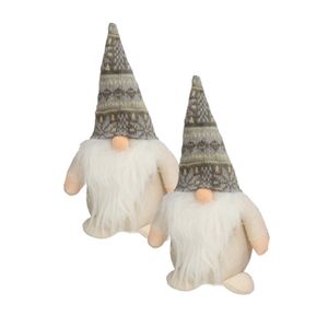 2x stuks pluche gnome/dwerg/kabouter decoratie poppen/knuffels kleding creme en muts 26 x 11 cm