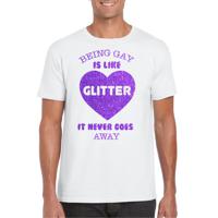 Gay Pride T-shirt voor heren - being gay is like glitter - wit/paars - glitters - LHBTI - thumbnail