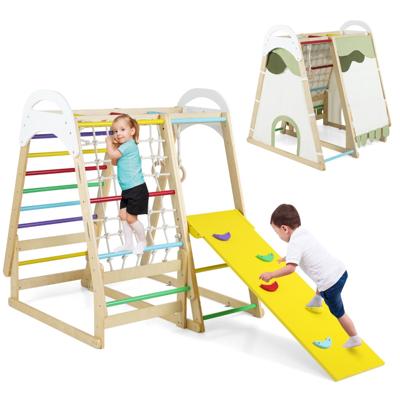 6-in-1 Kinderspeelplaats voor Binnen Houten Klimrek met Glijbaan Apenstangen Turnringen Klimnet Klimladder & Tent Montessori-Speelgoed