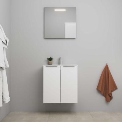On-Line Badkamermeubelset - 60 cm - Bouwpakket - 2 Deuren met Greep - Porseleinen Wastafel - 1 Kraangat - Spiegel met LED-Verlichting - Mat Wit