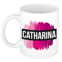 Naam cadeau mok / beker Catharina met roze verfstrepen 300 ml - thumbnail