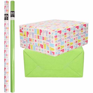 8x Rollen kraft inpakpapier happy birthday pakket - groen 200 x 70 cm