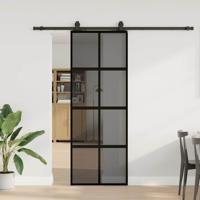 Schuifdeur met beslagset 76x205 cm gehard glas zwart