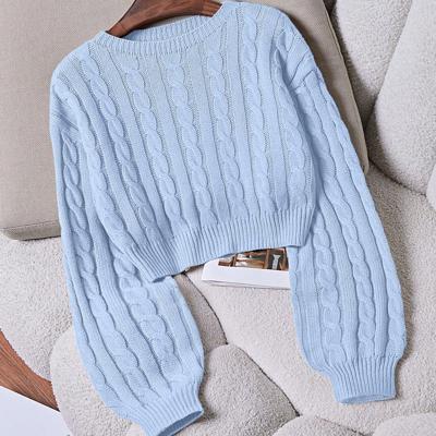 Bon&Bon Hot Pink Ribbed Knit Crop Sweater - Casual Drop Shoulder Pullover Baby Blue-6 / L