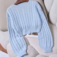 Bon&Bon Hot Pink Ribbed Knit Crop Sweater - Casual Drop Shoulder Pullover Baby Blue-6 / L