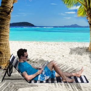 Outsunny strandligstoel, opvouwbaar, verstelbare rugleuning, zijvak, zachte bekleding, stalen frame, blauw+wit, 142x51x40cm