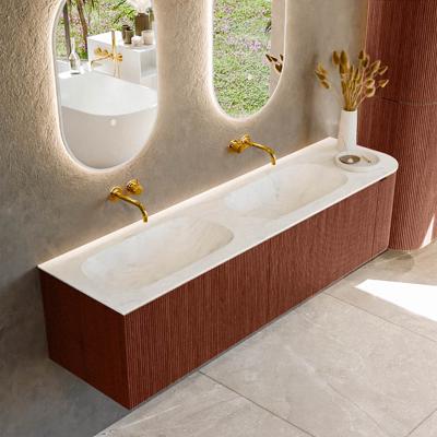 Badmeubel Mondiaz Kurve-Dlux | 175 cm cm | Meubelkleur Ruby | Wastafelkleur Opalo | Solid surface | Dubbel / Links spoelbak | Zonder kraangat(en)