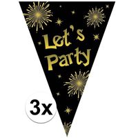 3x Vlaggenlijnen let's party oud en nieuw zwart / goud 5 meter