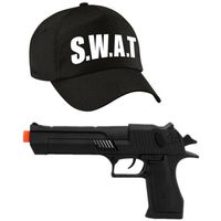 Politie SWAT verkleed cap/pet zwart met pistool voor volwassenen - thumbnail