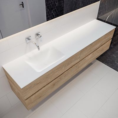 Mondiaz Vica Cloud badmeubel eiken licht 200 cm 4 lades solid surface enkele spoelbak links zonder kraangat