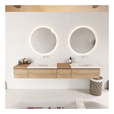 Mondiaz Bukla 240cm badmeubel met module 40 rechts kleur washed oak met 4 lades wastafel dubbel zonder kraangat kleur talc