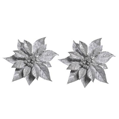 Cosy & Trendy Kerstboomversiering - 2x - bloem - op clip - zilveren kerstster - 18 cm