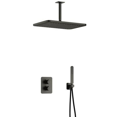Hotbath Gal - GL106 - Inbouw Regendoucheset - Geborsteld Gunmetal PVD - Thermostatisch - Plafondbuis 15 cm - Hoofddouche 270x400 mm - Staafhanddouche - met GL106 - met 2-Weg Stop-Omstel