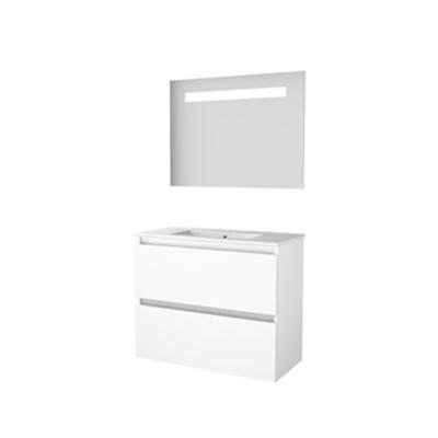 Basic-Line Economic 39 Badkamermeubelset - Ondiep - 80 x 39 cm - Greeploos - 2 Lades - Keramische Wastafel - 1 Kraangat - Spiegel met LED Verlichting - Ice White