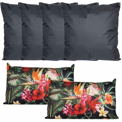 Bank/tuin kussens set - binnen/buiten - 6x stuks - zwart/tropical summer print - In 2 formaten Bank/tuin kussens set - binnen/buiten - 6x stuks - zwart/tropical summer print - In 2 formaten