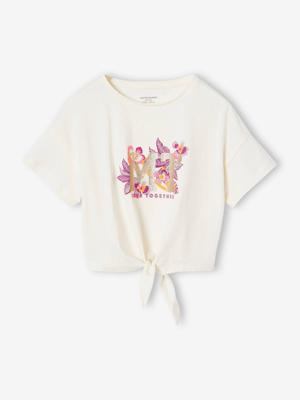 Kort sportief meisjesshirt met sierstrik ecru