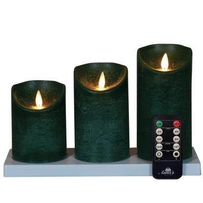 Anna's Collection Oplaadbare LED kaarsen - 3x - donkergroen - oplaadstation - stompkaarsen