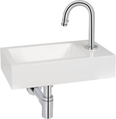 Saqu Square fonteinset met chromen kraan c-uitloop rechts wit mineraalmarmer