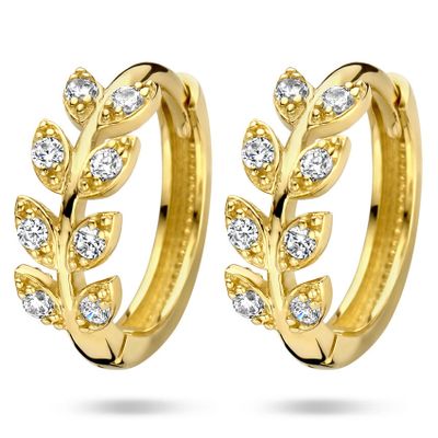 Klapoorringen Bladeren geelgoud-zirconia wit 4,5 x 13 mm