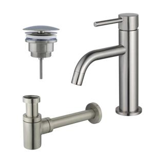 Fortifura Calvi Slim Wastafelkraanset - lage wastafelkraan - always open plug - verlaagde design sifon - Geborsteld RVS PVD (RVS) SW377858/SW696207/SW696217