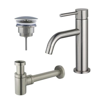 Fortifura Calvi Slim Wastafelkraanset - lage wastafelkraan - always open plug - verlaagde design sifon - Geborsteld RVS PVD (RVS) SW377858/SW696207/SW696217