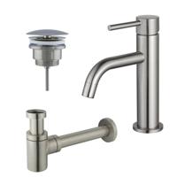 Fortifura Calvi Slim Wastafelkraanset - lage wastafelkraan - always open plug - verlaagde design sifon - Geborsteld RVS PVD (RVS) SW377858/SW696207/SW696217