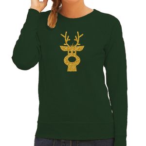 Rendier hoofd Kerst sweater / trui groen voor dames met gouden glitter bedrukking 2XL  -