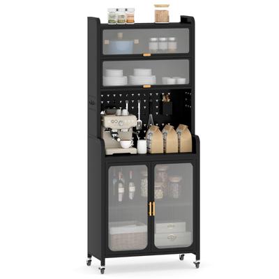 Buffetkast Keukenkast Vrijstaande Metalen Koffiebar van 192 cm met Groot Werkblad Verstelbare Plank Ophangbord en Wielen Zwart