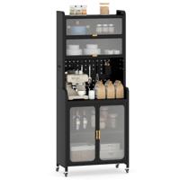 Buffetkast Keukenkast Vrijstaande Metalen Koffiebar van 192 cm met Groot Werkblad Verstelbare Plank Ophangbord en Wielen Zwart