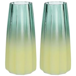 Bloemenvaas - set van 2x - groen/geel - glas - D10 x H21 cm