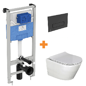 Luca Varess Calibro hangend toilet en fino wc-bril hoogglans wit randloos met inbouwreservoir en gratis Ideal Standard Oleas M2 mat zwart bedieningspaneel