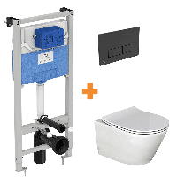 Luca Varess Calibro hangend toilet en fino wc-bril hoogglans wit randloos met inbouwreservoir en gratis Ideal Standard Oleas M2 mat zwart bedieningspaneel